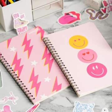 L1rabe 2 A5 Preppy Spiral Notebooks for Teens Girls Valentine's Day Back to School Y2K Hardbound Journal for College Student Happy Smile Hardcover Notebooks, Pink Notepad Diary for School Supplies