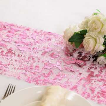 Snowkingdom Pink Table Runner, 11 x 108 Inch Sequin Glitter Sparkle Foil Metallic Pink Thin Mesh Table Runner Roll Disposable Birthday Party Pink Decorations for Valentine's Day Wedding