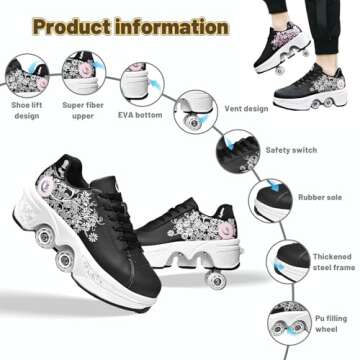 MLyzhe Women's Deformation Retractable Four-Wheeled Roller Skates Multifunction Adjustable Double Row Roller Shoes Outdoor Automatic Walking Sports Shoes… Black Flower