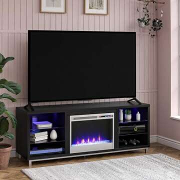 Ameriwood Home Lumina Fireplace TV Stand, Black Oak, Holds TVs up to 70", Modern Entertainment Center with RGB LED Lights