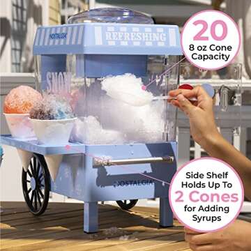 Nostalgia Snow Cone Shaved Ice Machine - Retro Table-Top Slushie Machine Makes 20 Icy Treats - Includes 2 Reusable Plastic Cups & Ice Scoop - Blue