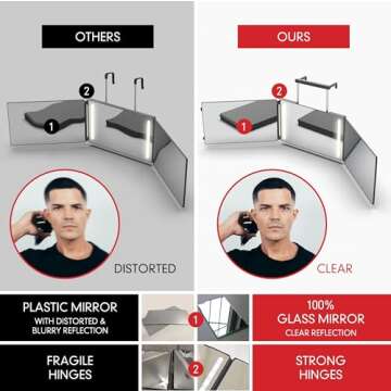 Self-Cut System - 3 Way Mirror with Lights - Three Way Mirror for Self Hair Cutting - Over The Door Mirror - Trifold Mirror - 360 Mirror - Barber Mirror - Self Haircut Mirror (Travel 3.0 LED)