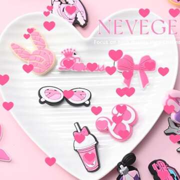 NEVEGE Pink Shoe Charms for Girls Cute Shoe Charms for Adults Teens Kids Pink PVC Shoe Decoration Charms with Buttons for Clog Sandals Birthday Party Gift 30-35PCS