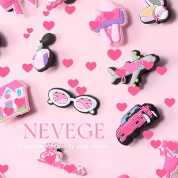 NEVEGE Pink Shoe Charms for Girls Cute Shoe Charms for Adults Teens Kids Pink PVC Shoe Decoration Charms with Buttons for Clog Sandals Birthday Party Gift 30-35PCS