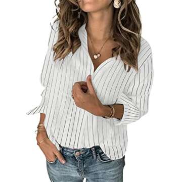 Karlywindow Womens Button Down V Neck Shirts Long Sleeve Casual Striped Summer Beach Office Work Business Blouses Tops