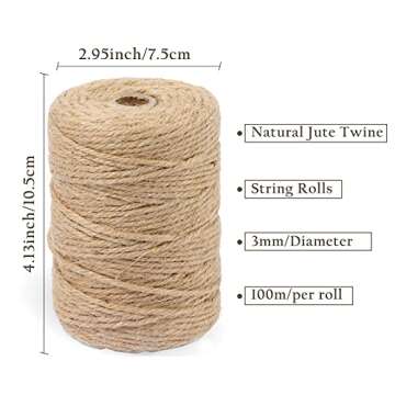 Handyman Crafts Natural Jute Twine Hemp Rope (1.5mm/2mm/3mm/6mm) Durable String for Handmde Crafts,Gardening Applications,Home Gardening,Cat Scratching Post,Gift Packaging... (3mm*328ft)