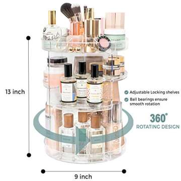 Rotating Makeup Organizer by Tranquil Abode | 360 Spinning Clear Acrylic Vanity & Bathroom Storage Display Case for Skincare, Perfume, Cosmetic, Beauty, Make up and Essential Oil Products