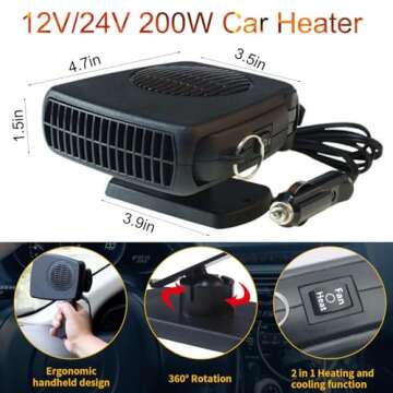 Portable Car Heater and Defroster That Plugs into Cigarette Lighter for Car 12V 200W Fast Heating and Cooling Fans for Car Hidden Handle 360 ​​Degree Car Heaters for Vehicle