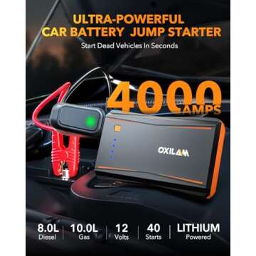 OXILAM Jump Starter, 4000A Peak Car Battery Jumper Starter Portable, Up to 10L Gas and 8L Diesel Engines, UltraSafe 12V Jumper Cables with Battery Pack, Power Bank, 600 LM LED Flashlight, Orange