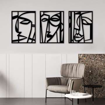 CHATYOUNG Metal Wall Art Decor - 3 Panels Modern Art Wall Decor for Living Room, Abstract Wall Decor for Bathroom Bedroom, Metal Women Head Wall Decoration，11.8 x 15.7 Inch, Black