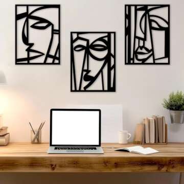 CHATYOUNG Metal Wall Art Decor - 3 Panels Modern Art Wall Decor for Living Room, Abstract Wall Decor for Bathroom Bedroom, Metal Women Head Wall Decoration，11.8 x 15.7 Inch, Black