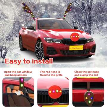 Christmas Rudolph Reindeer Vehicle Car Kit, Car Reindeer Antlers & Nose Decorations, Antlers Car Kit,Antler Decor with Jingle Bells Red Nose and Tail for Truck,Decorate Any Vehicle.