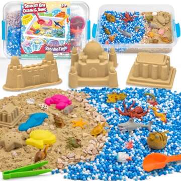 Ocean&Sand Sensory Bin with Lid, 42 Pcs Sensory Sand Kit with Sea Animals for Kids, Birthday Christmas Gifts for Boys Girls, Preschool Learning Activities Tools Box, Outdoor Sandbox Toys for Toddlers