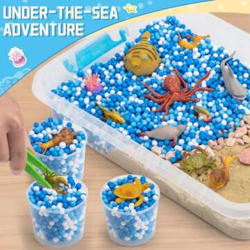 Ocean&Sand Sensory Bin with Lid, 42 Pcs Sensory Sand Kit with Sea Animals for Kids, Birthday Christmas Gifts for Boys Girls, Preschool Learning Activities Tools Box, Outdoor Sandbox Toys for Toddlers