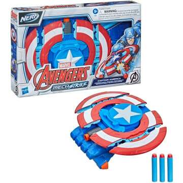 Avengers Marvel Mech Strike Captain America Strikeshot Shield Role Play Toy with 3 NERF Darts, Pull Handle to Expand, for Kids Ages 5 and Up