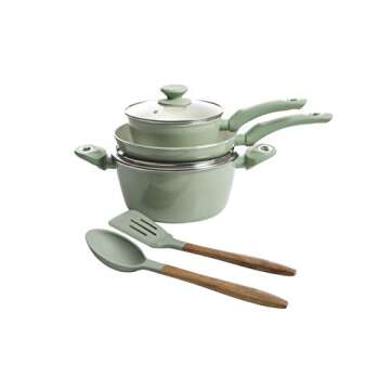 Gibson Home Plaza Café Forged Aluminum Healthy PFA-Free Ceramic Pots and Pans Cookware Set, 7-Piece Set, Mint Green