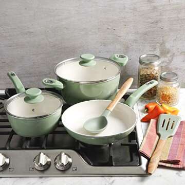 Gibson Home Plaza Café Forged Aluminum Healthy PFA-Free Ceramic Pots and Pans Cookware Set, 7-Piece Set, Mint Green