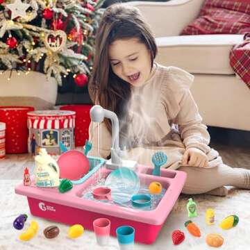 CUTE STONE Color Changing Play Kitchen Sink Toys, Children Electric Dishwasher Playing Toy with Running Water,Upgraded Real Faucet and Play Dishes,Pretend Play Kitchen Toys for Kids Boys Girls