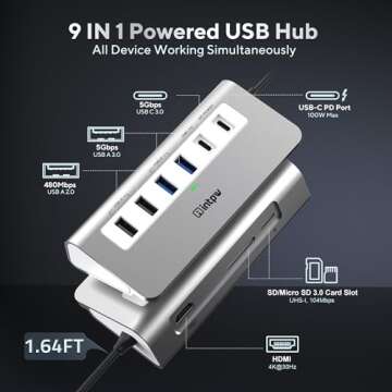 USB C Hub, INTPW 9-in-1 USB C Hub Multiport Adapter with 4K HDMI, PD 100W, USB-C and 2 USB A 3.0 5Gbps, 2 USB A 2.0, SD/TF Card Reader, Aluminum USB C to USB Hub for iPhone 16/15 Series, MacBook, iPad