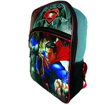 Warner Brothers Boys' Batman Vs. Superman Backpack Bundle, GREY/BLACK, 16" X 12" X 5"