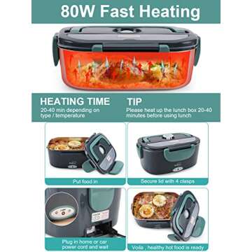 Buddew Electric Lunch Box 80W Food Heater for Adults, 12/24/110V Portable Lunch Warmer Upgraded Heated Lunch Box for Car/Truck/Office with SS Fork&Spoon and Insulated Carry Bag (Green)