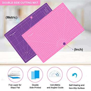 Headley Tools 18"x12" Thickened Self Healing Cutting Mat, A3 Rotary Cutting Sewing Mat for Crafts, Double Sided 5-Ply Table Cutting Board for Fabric Quilting Art Hobby Project, Pink/Purple