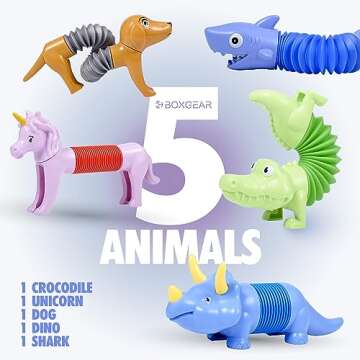 Boxgear 5-Pack Pop Tubes Mixed Animal Fidget Toys – Sensory Tubes for Toddlers – Cute Animal Sensory Fidget Toys for Girls and Boys – Stress-Relief Pop Sound Spring Toddler Sensory Toys