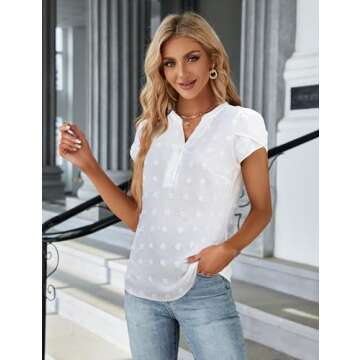 Blooming Jelly Women's Dressy Casual Tops Business Work Blouses Button Down V Neck Shirts 2025 Summer Cute Cap Sleeve Tshirt (Swiss Dot White,X-Large)