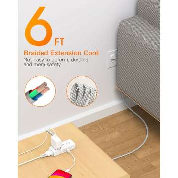 6ft Flat Extension Cord with 3 USB Ports