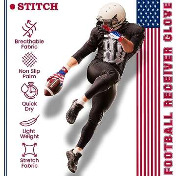 Football gloves American flag youth football gloves Sticky silicone Grip USA flag football receiver gloves youth football receiving gloves youth football gloves men adult & unisex.