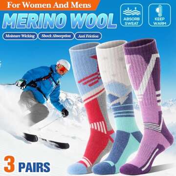 Merino Wool Ski Socks for Mens Womens Winter Thermal Warm Thick Knee High Snowboarding Skiing Socks for Cold Weather 3 Pairs Gifts Stocking Stuffers(Red/Blue/Purple,M)