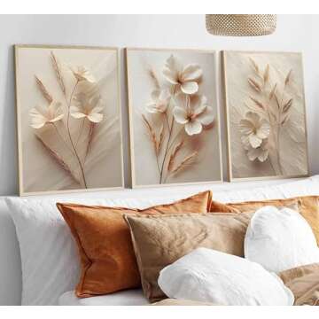 3Pcs Neutral Beige Floral Botanical Canvas Wall art Modern Simple Texture Flower Plant Painting Picture Wall Decor Vintage Blossom Poster Print Artwork for Living Room Bedroom Bathroom Unframed