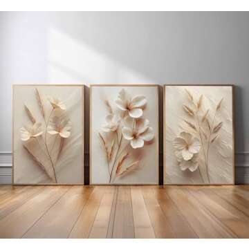 3Pcs Neutral Beige Floral Botanical Canvas Wall art Modern Simple Texture Flower Plant Painting Picture Wall Decor Vintage Blossom Poster Print Artwork for Living Room Bedroom Bathroom Unframed