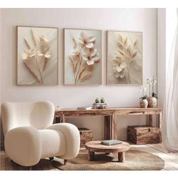 3Pcs Neutral Beige Floral Botanical Canvas Wall art Modern Simple Texture Flower Plant Painting Picture Wall Decor Vintage Blossom Poster Print Artwork for Living Room Bedroom Bathroom Unframed