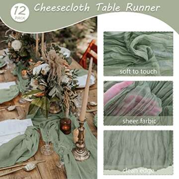 12 Pack 10Ft Cheesecloth Table Runner 35x120 Inch Boho Gauze Table Runner Cheese Cloth Long Table Runner Romantic Table Runner for Wedding Bridal Shower Birthday Party Table Decor (Dusty Sage Green)