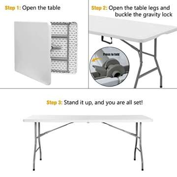 Byliable Folding Table 6ft Portable Heavy Duty Plastic Fold-in-Half Utility Foldable Table Plastic Dining Table Indoor Outdoor for Camping, Picnic and Party, White