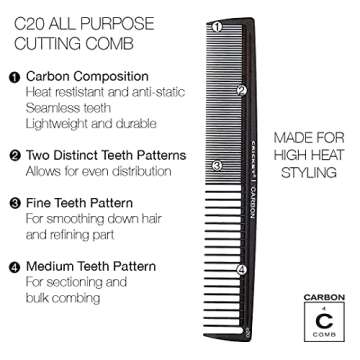 Cricket C20 Professional Hair Stylist All-Purpose Carbon Cutting Comb - Heat-Resistant Comb, Anti-Static, Snag-Free Gliding, Ideal for Precision Cutting, Styling, and All Hair Types