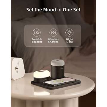 EZVALO 3 in 1 Charger Station with LED Night Light, Portable Bluetooth Speaker, Wireless Charging Station for Multiple iPhone, Samsung/Huawei/Honor/Xiaomi/Oppo, Gifts for Women, Birthday Tech Gifts