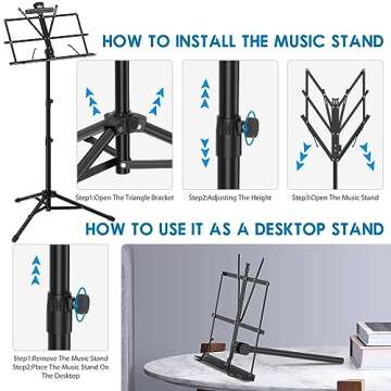 K KASONIC Music Stand, 2 in 1 Dual-Use, Metal, 20 x 9 x 1 inch, Black