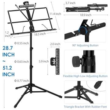 K KASONIC Music Stand, 2 in 1 Dual-Use, Metal, 20 x 9 x 1 inch, Black