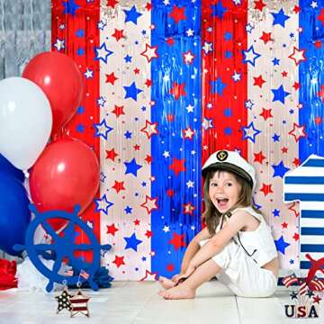 LOLStar 4th of July Decorations, Red White Blue 3 Pack America Star Tinsel Foil Fringe Curtains, Photo Booth Prop Streamer Backdrop for Independence Day, Memorial Day, Labor Day, Patriotic Party