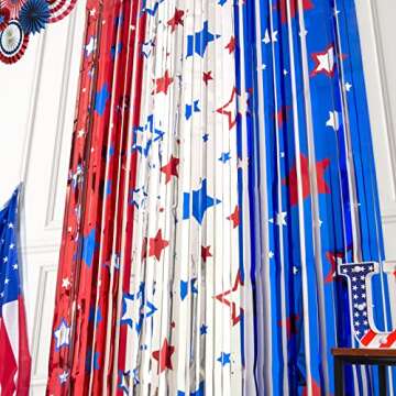 LOLStar 4th of July Decorations, Red White Blue 3 Pack America Star Tinsel Foil Fringe Curtains, Photo Booth Prop Streamer Backdrop for Independence Day, Memorial Day, Labor Day, Patriotic Party