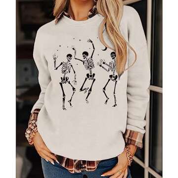 GLIGLITTR Women's Halloween Dancing Skeleton Sweatshirts Spooky Season Horror Skull Printed Pullover Shirt Oversized Tee Top(Apricot,Medium)