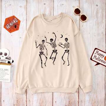 GLIGLITTR Women's Halloween Dancing Skeleton Sweatshirts Spooky Season Horror Skull Printed Pullover Shirt Oversized Tee Top(Apricot,Medium)