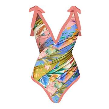 2 Piece Swimsuits for Women: Floral One Piece Swimwear with Beach Cover up Wrap Skirt Bikini Sets Summer Tropical Outfits Bathing Suits Sarong Coverups Monokini Beachwear Pink Floral Leaves Small