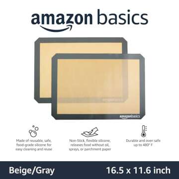 Amazon Basics Rectangular Silicone, Non-Stick Reusable, Food Safe Baking Mat, Pack of 2, 16.5" x 11.6", New Beige/Gray