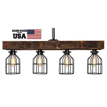 Farmhouse Lighting–Reclaimed Wood from Early-1900s–Rustic Lighting for Kitchen Island Lighting, Dining Room, Bar, Industrial, and Billiard Table-Wooden Light with Edison Cages