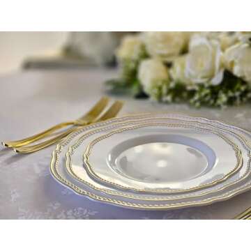 " OCCASIONS " 50 Plates Pack (25 Guests)-Heavyweight Wedding Party Disposable Plastic Plate Set -25 x 10.25'' Dinner + 25 x 7.5'' Salad/dessert plates (Rochelle Blue and Gold)