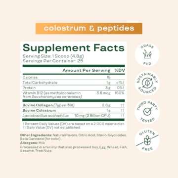 Bloom Nutrition Bovine Colostrum Powder for Gut Health, Immune Support, Hair Growth & Beauty Supplement, Gluten Free, Sugar Free | Pure 40% IgG Premium Colostrum Superfood, Orange Cream, 25 Servings