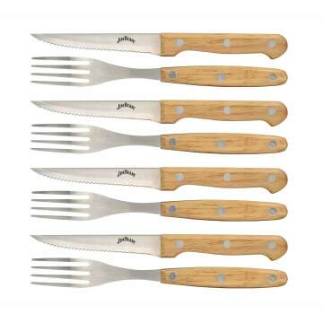 Jim Beam Set of 8 Ideal, Chicken, Pork and More-Steak Knives and Forks Made of Stainless Steel Blade and Contoure, Medium, Light Brown, JB0208